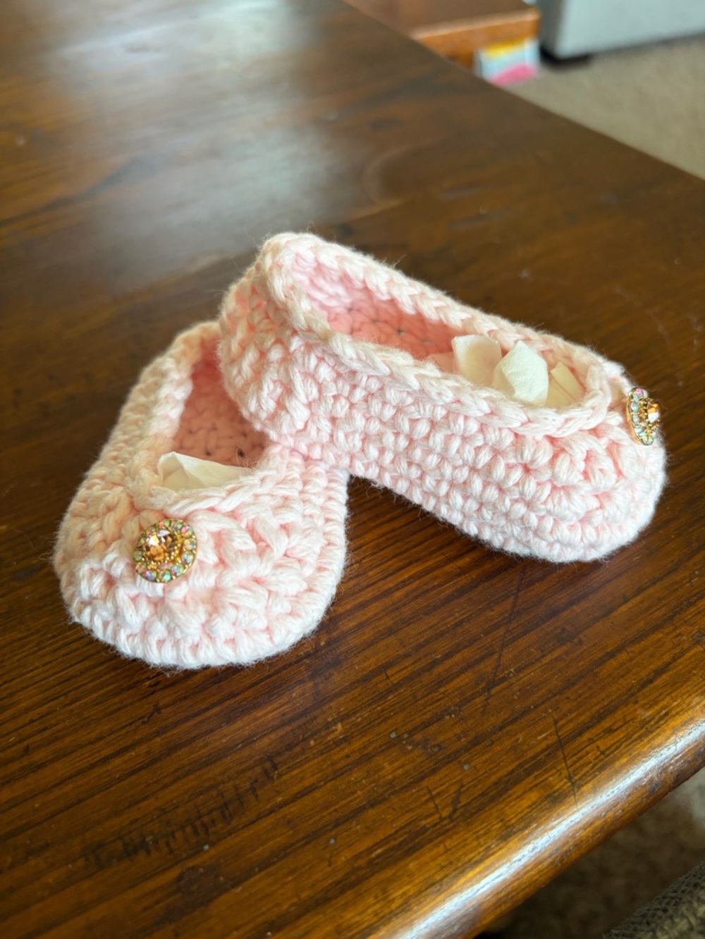 Soft Pink Crochet Baby Mary Jane Booties with Rhinestone Button